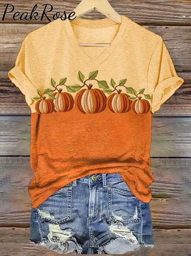 Women’s Embroidered Pumpkin Art Print V-Neck Casual T-Shirt Color / S Hot Sell