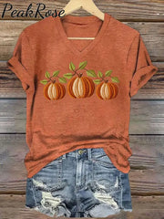 Women’s Embroidered Pumpkin Art Print V-Neck Casual T-Shirt Color / S Hot Sell