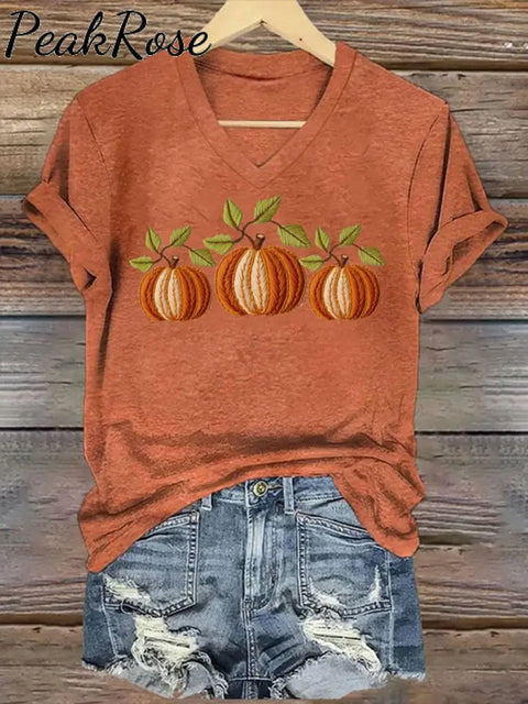 Women’s Embroidered Pumpkin Art Print V-Neck Casual T-Shirt Color / S Hot Sell