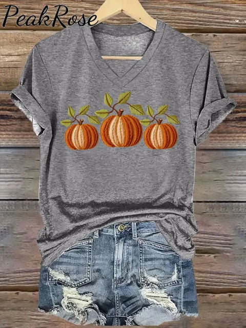 Women’s Embroidered Pumpkin Art Print V-Neck Casual T-Shirt Grey / S Hot Sell