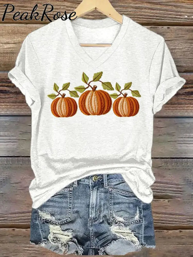 Women’s Embroidered Pumpkin Art Print V-Neck Casual T-Shirt White / S Hot Sell