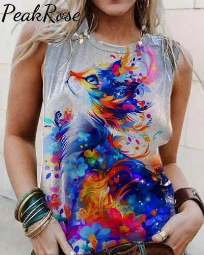 Women’s Floral Cat Art Illustration Printed Casual Tank Top As Picture / S