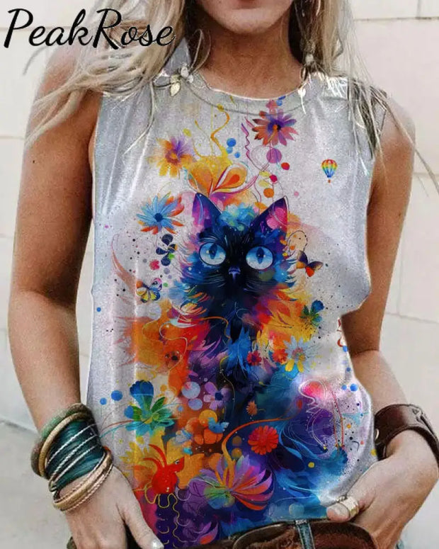 Women’s Floral Cat Art Illustration Printed Casual Tank Top As Picture / S