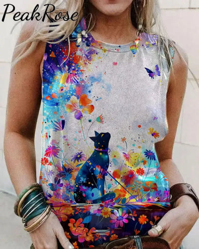 Women’s Floral Cat Art Illustration Printed Casual Tank Top As Picture / S