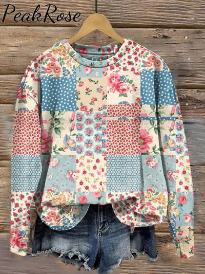 Women’s Floral Collage Art Illustration Print Casual Round Neck Sweatshirt As Picture / S