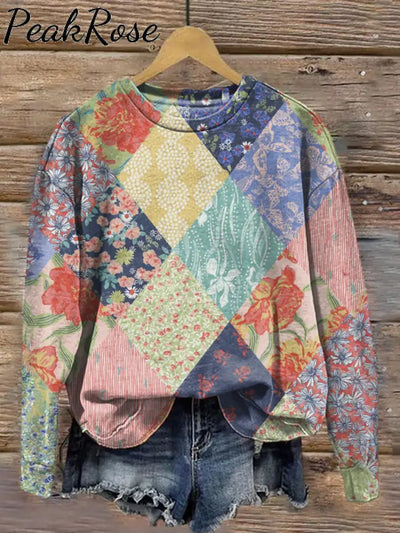 Women’s Floral Collage Art Illustration Print Casual Round Neck Sweatshirt As Picture / S