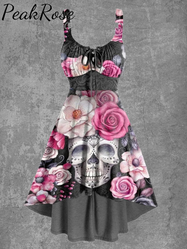 Women’s Floral Skull Print Sexy Suspender Mini Dress As Picture / S