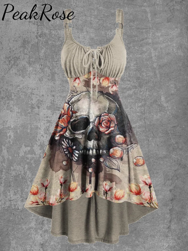 Women’s Floral Skull Print Sexy Suspender Mini Dress As Picture / S