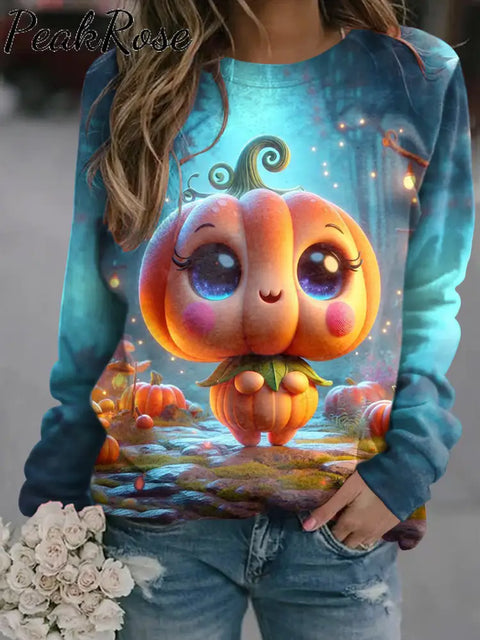 Women’s Funny Cartoon Pumpkin Halloween Art Illustration Printed Casual Sweatshirt