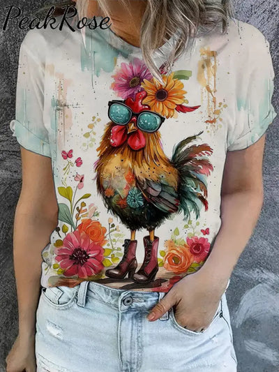 Women’s Funny Chicken Art Illustration Printed Casual Round Neck T-Shirt As Picture / S