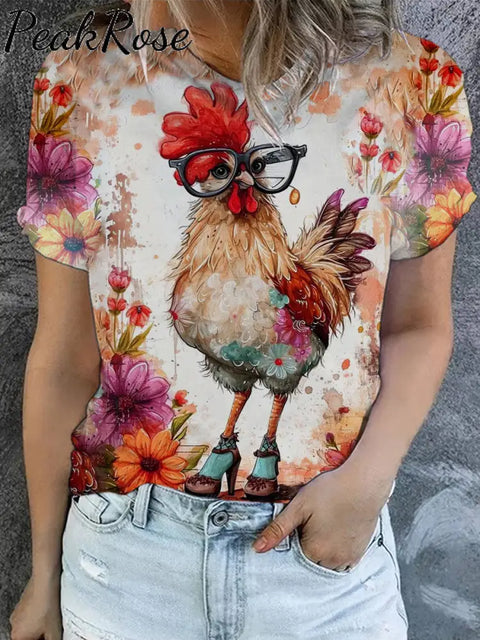 Women’s Funny Chicken Art Illustration Printed Casual Round Neck T-Shirt As Picture / S