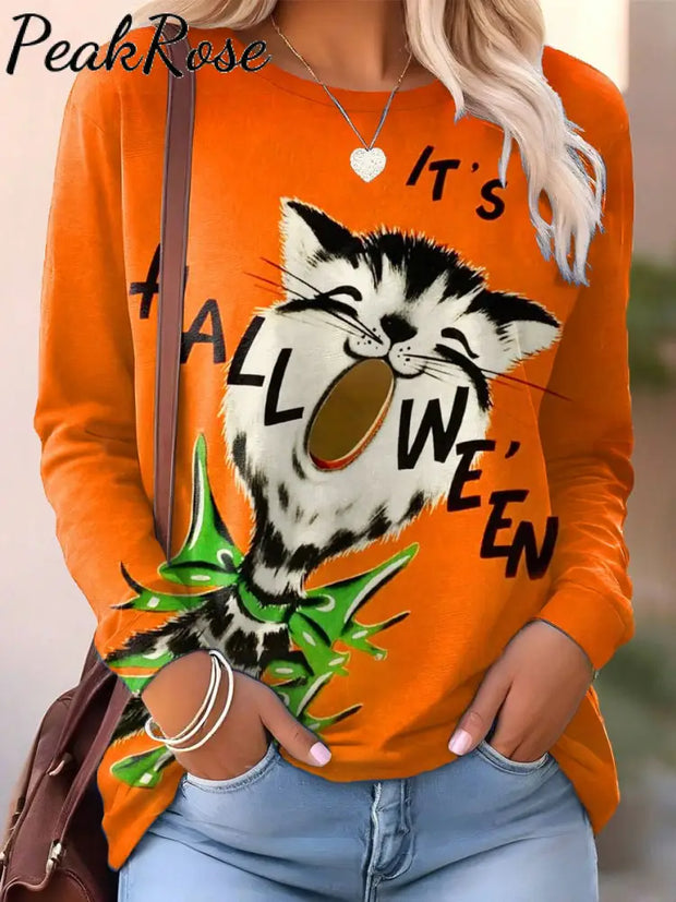 Women’s Funny Halloween Cat Art Print Casual Sweatshirt Multicolor / S Hot Sell