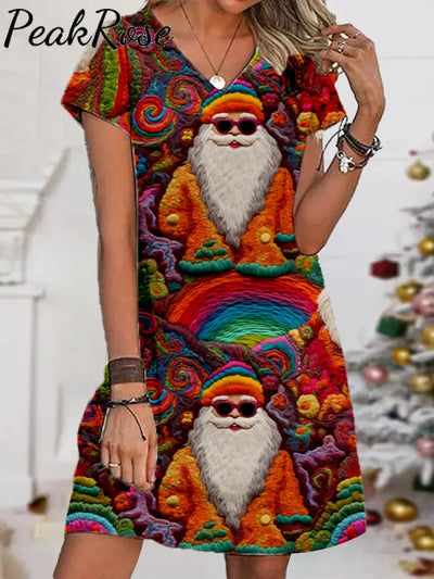 Women’s Funny Santa V-Neck Printed Dress Red / S