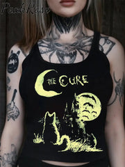 Women’s Gothic Cat Art Illustration Printed Slim Fit Vest As Picture / S