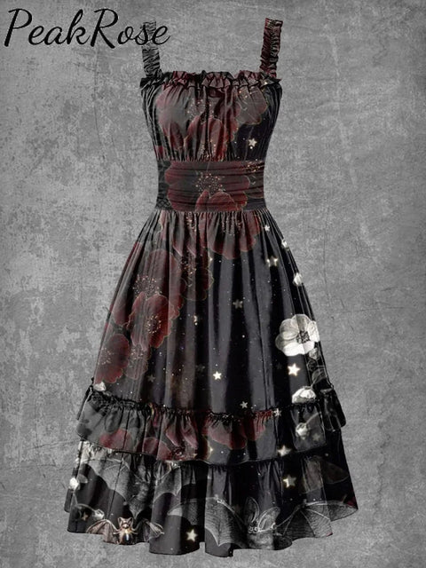 Women’s Gothic Floral Halloween Print Suspender Dress