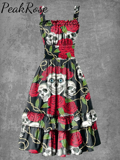 Women’s Gothic Halloween Rose Skull Suspender Dress