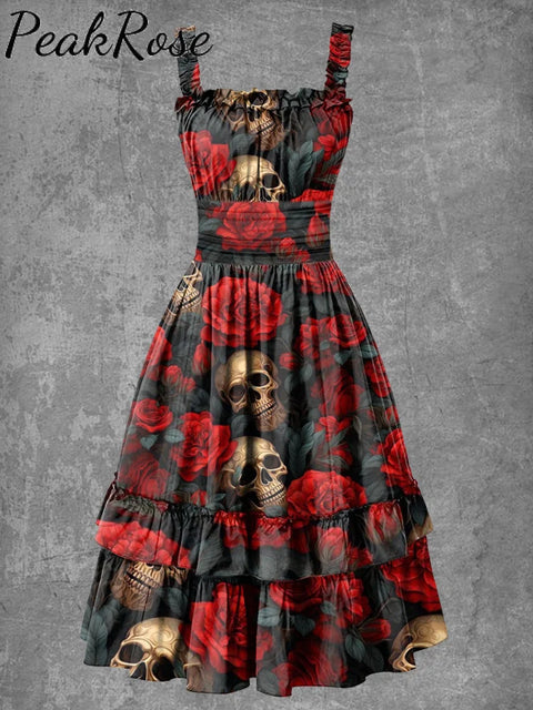 Women’s Gothic Halloween Rose Skull Suspender Dress