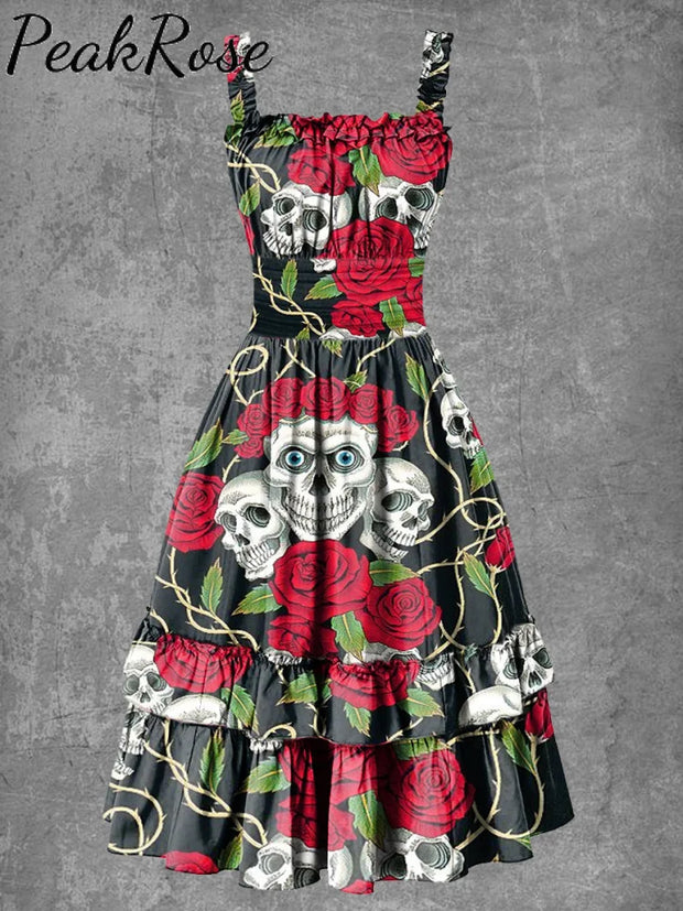 Women’s Gothic Halloween Rose Skull Suspender Dress As Picture / S