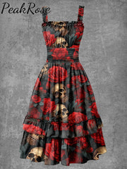 Women’s Gothic Halloween Rose Skull Suspender Dress As Picture / S