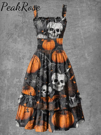 Women’s Gothic Halloween Skull Print Suspender Dress