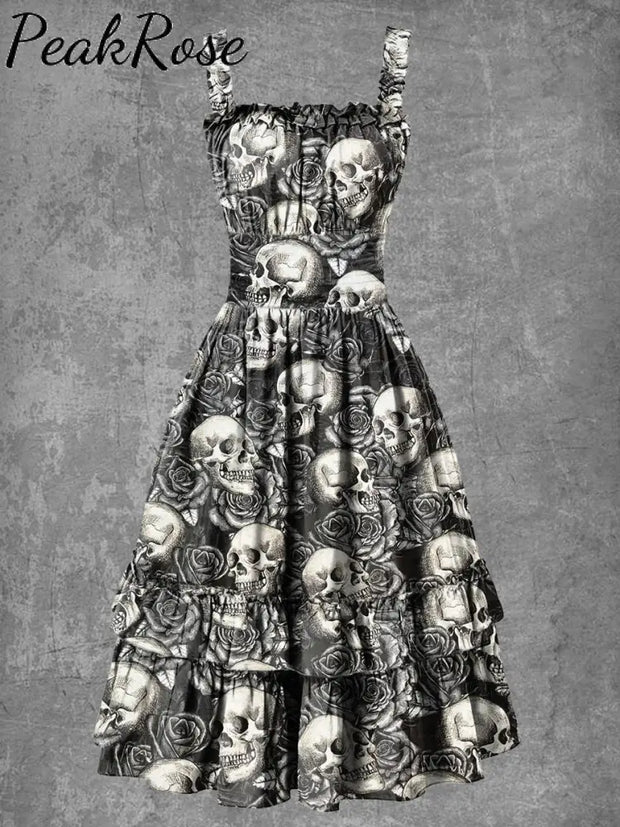 Women’s Gothic Halloween Skull Print Suspender Dress As Picture / S