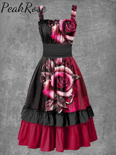 Women’s Gothic Rose Print Suspender Dress