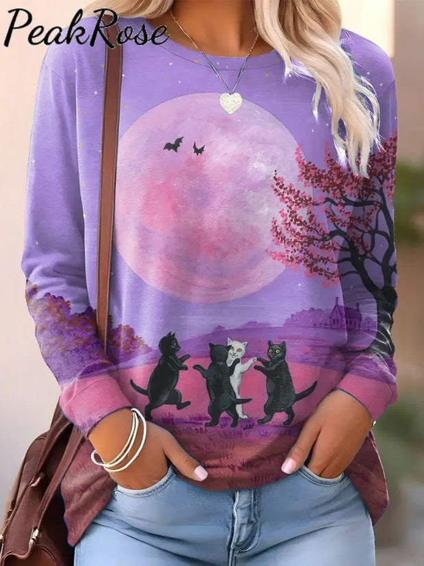 Women’s Halloween Black Cat Print Casual Sweatshirt Multicolor / S Hot Sell