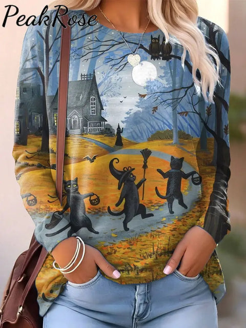 Women’s Halloween Black Cat Print Casual Sweatshirt Multicolor / S Hot Sell