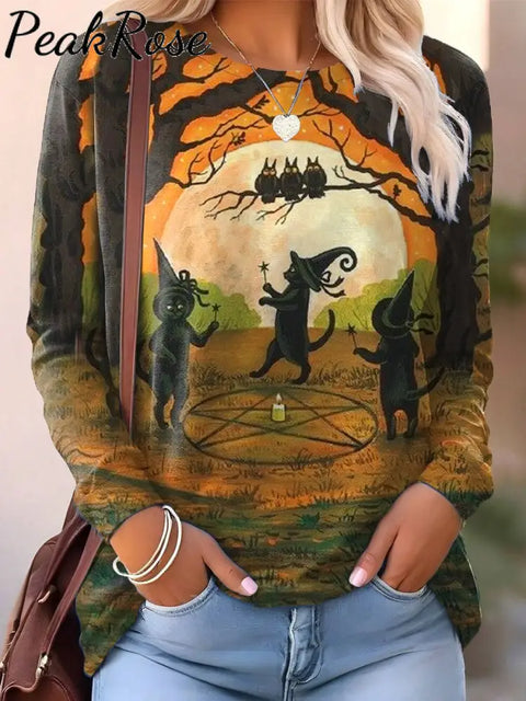 Women’s Halloween Black Cat Print Casual Sweatshirt Multicolor / S Hot Sell