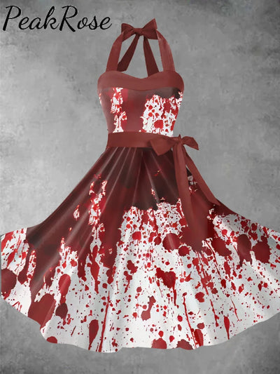 Women’s Halloween Blood Printed 1950S Audrey Dress Halter Maxi