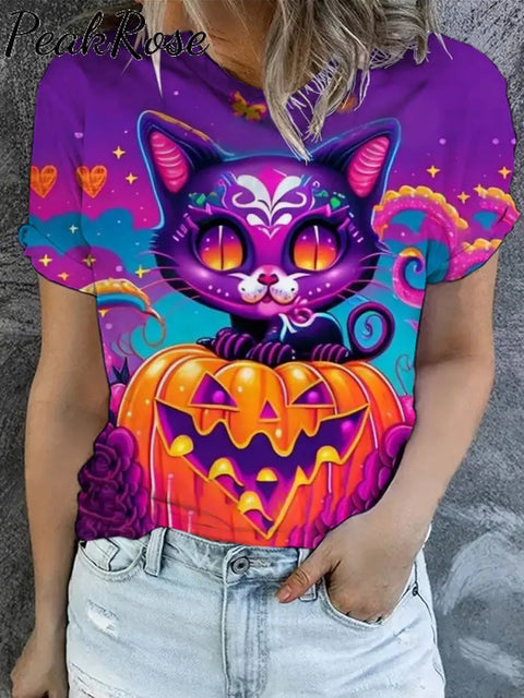 Women’s Halloween Colorful Cat Art Illustration Printed Casual Round Neck T-Shirt As Picture / S