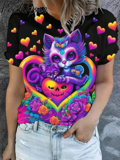 Women’s Halloween Colorful Cat Art Illustration Printed Casual Round Neck T-Shirt As Picture / S