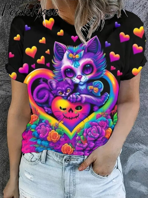 Women’s Halloween Colorful Cat Art Illustration Printed Casual Round Neck T-Shirt As Picture / S