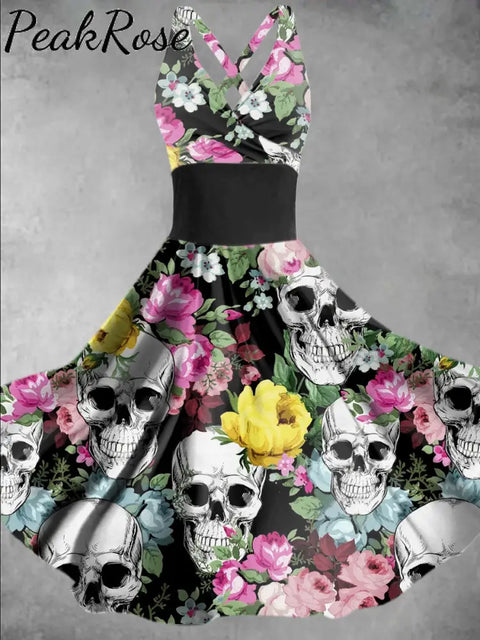 Women’s Halloween Floral Skull Print Casual Elegant Suspender Dress