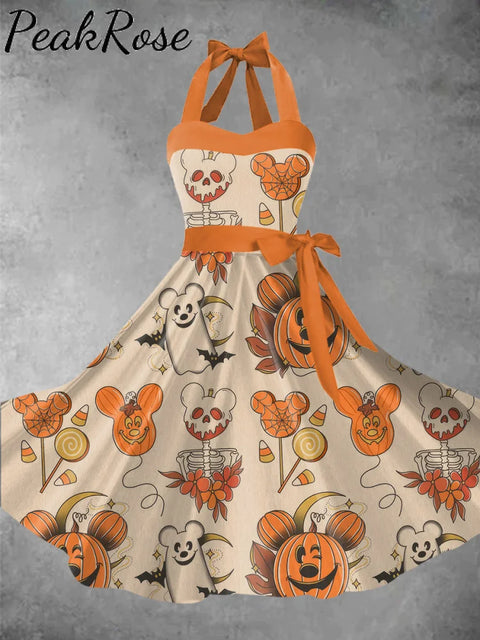 Women’s Halloween Pumpkin Printed 1950S Audrey Dress Halter Maxi