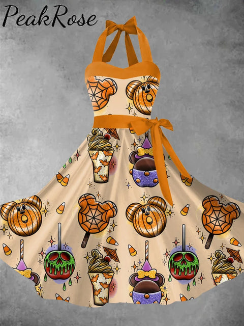 Women’s Halloween Pumpkin Printed 1950S Audrey Dress Halter Maxi