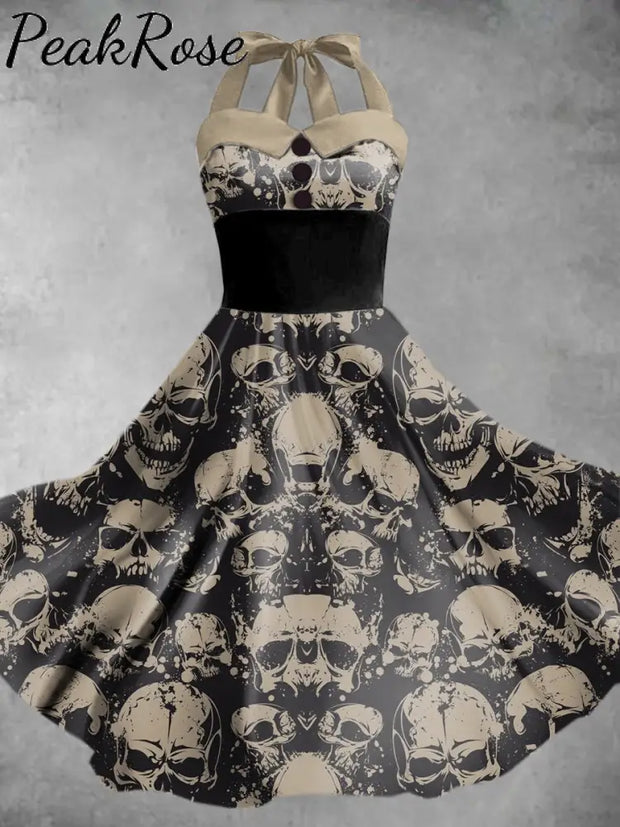 Women’s Halloween Skull Print Elegant Sling Dress