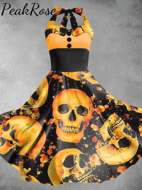 Women’s Halloween Skull Print Elegant Sling Dress