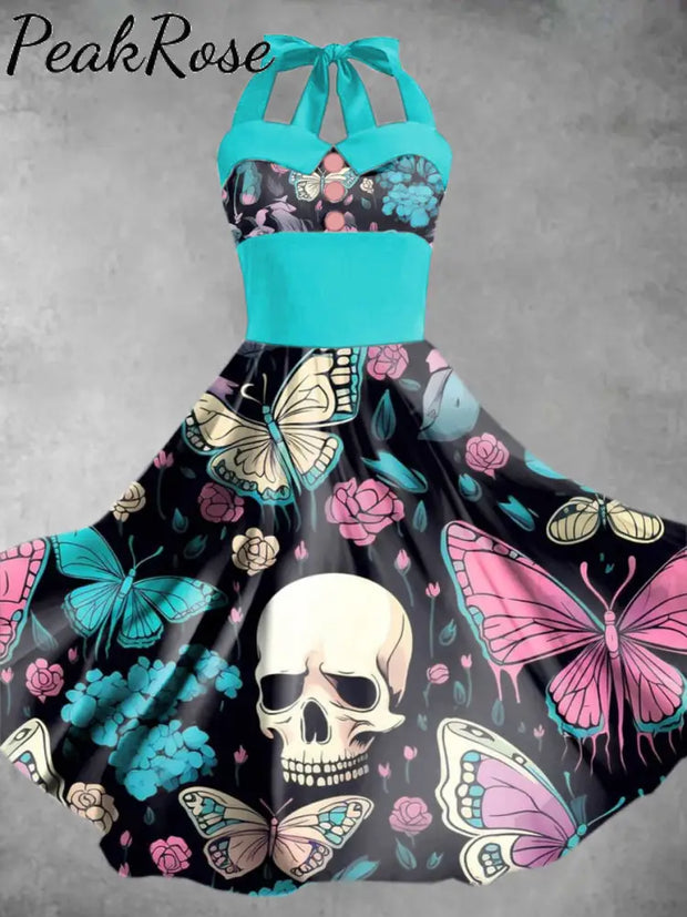 Women’s Halloween Skull Print Elegant Sling Dress As Picture / S