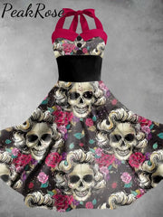 Women’s Halloween Skull Print Elegant Sling Dress As Picture / S