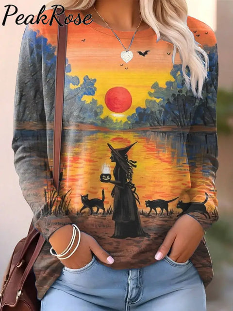 Women’s Halloween Witch Black Cat Print Casual Sweatshirt Multicolor / S Hot Sell