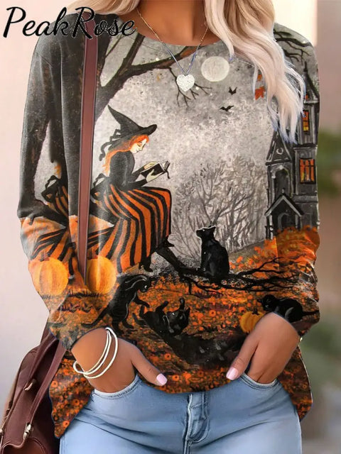 Women’s Halloween Witch Black Cat Print Casual Sweatshirt Multicolor / S Hot Sell