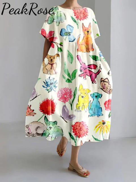 Women‘s Happy Puppy Floral Art Print Midi Dress Hot Sell