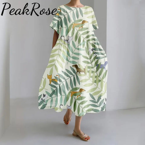 Women‘s Hide And Seek Pets Art Print Midi Dress Green / S Hot Sell