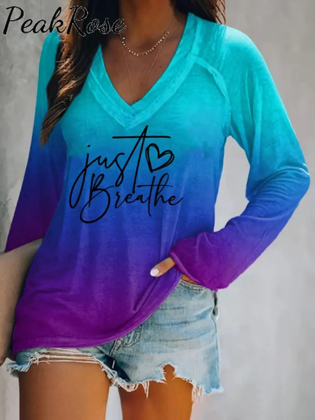 Women’s Just Breathe Print Casual T-Shirt Blue / S Hot Sell