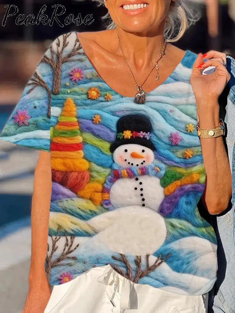 Women’s Loose Cute Snowman Print T-Shirt Blue / S