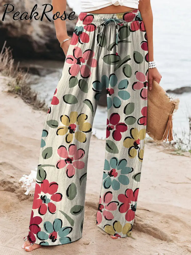 Women’s Multicolor Retro Floral Printed Cotton And Linen Casual Pants / S Hot Sell