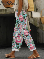 Women’s Pink Santa Print Casual Pants Christmas