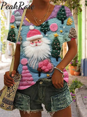 Women’s Pink Santa Print V-Neck T-Shirt As Shown / S Christmas