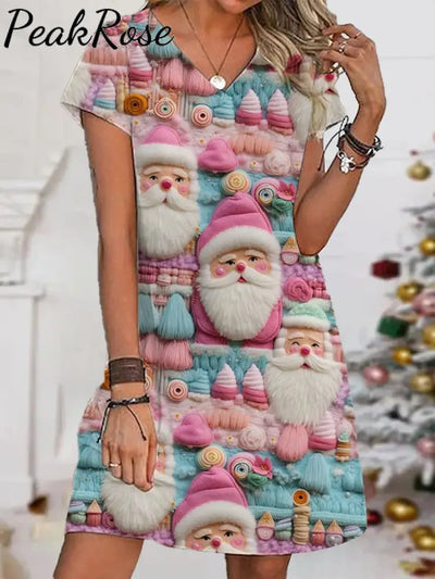 Women’s Pink Santa V-Neck Printed Dress / S